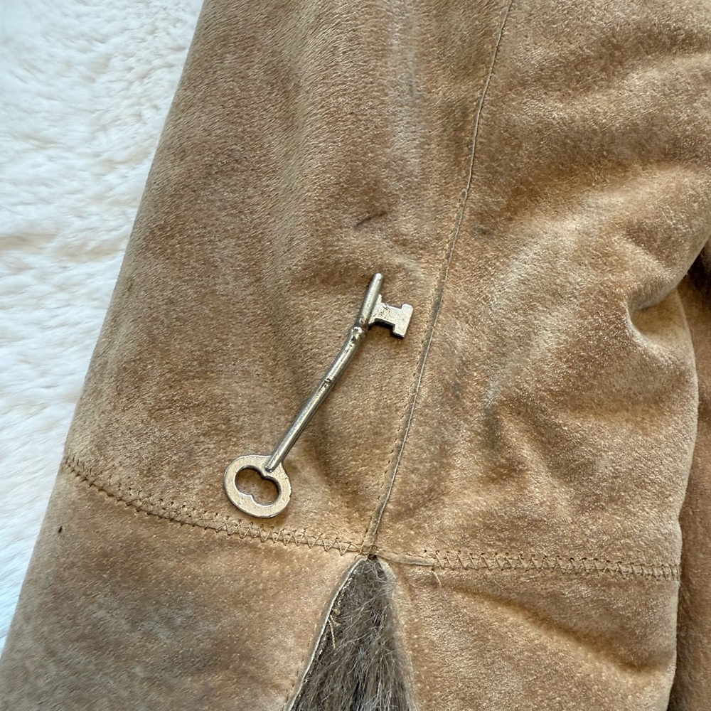 🌻Vintage 90s Y2K Faux Fur Lined DB Studio Tan Leather Penny Lane Vibes Coat✨ - Picture 13 of 16